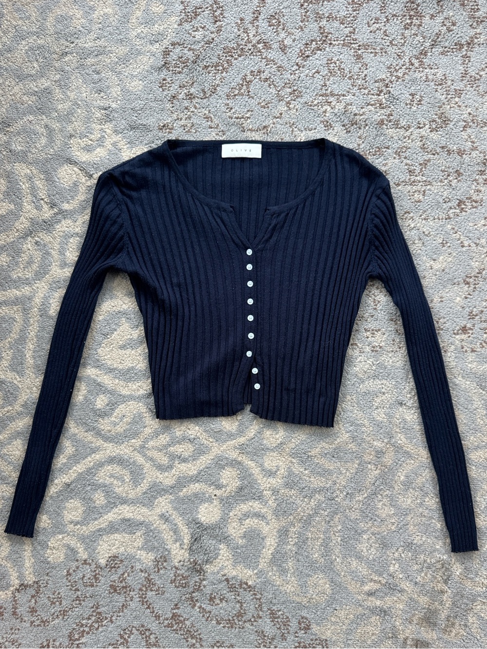 OLIVE Rib Knit Cropped Cardigan Button Front Long Sleeve Navy Small